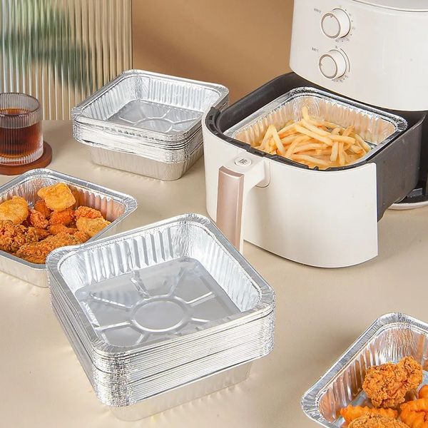 10pcs 20cm kare hava fritöz alüminyum folyo tava fırın barbekü tepsi konteynerler kekler mutfak malzemeleri öğle yemeği kutuları mutfak alet