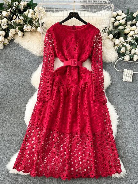 Повседневные платья Singreiny Senior Lace Long Dress 2024 Style Hollow Out Design Fashion Women o Neck Flim Bell Ap-Line Вечеринка