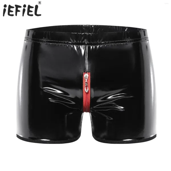 Underpants Herren Dessous Latex Patent Leder kurze Hosen Öffner Schritt Boxer Unterwäsche Elastische Taille Reißverschluss Knopf Shorts Nachtwäsche