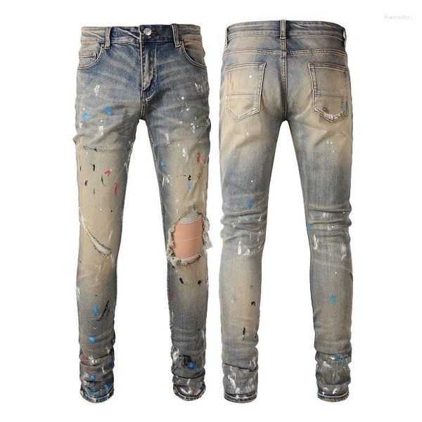 Jeans masculinos High Street Cotton Luxury Splash Ink Graffiti Broken Hole Denim Masculino Moda Moda Vintage Slim Fit Man Troushers