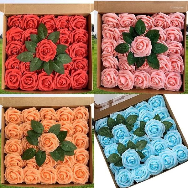 Fiori decorativi 25pcs rose di seta testa rosa artificiale per bouquet nuziali fai da te decorazioni per la casa arco falsa caramellata scatola di caramelle finte