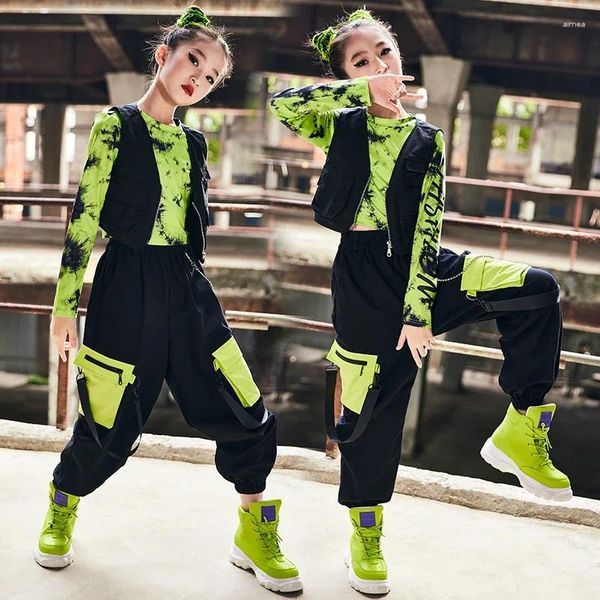 Sahne Giyim Hip Hop Dans Kıyafetleri Kızlar Yeşil mahsul üstleri yelek kargo pantolonları podyum modern caz performans kostümü bl7300