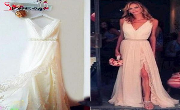 2019 Boho V Vestidos de noiva de pescoço de pescoço de marfim branco de chiffon lace lateral dividido em estilo country vestido de noiva vestidos de noiva barato sexy ba9719650