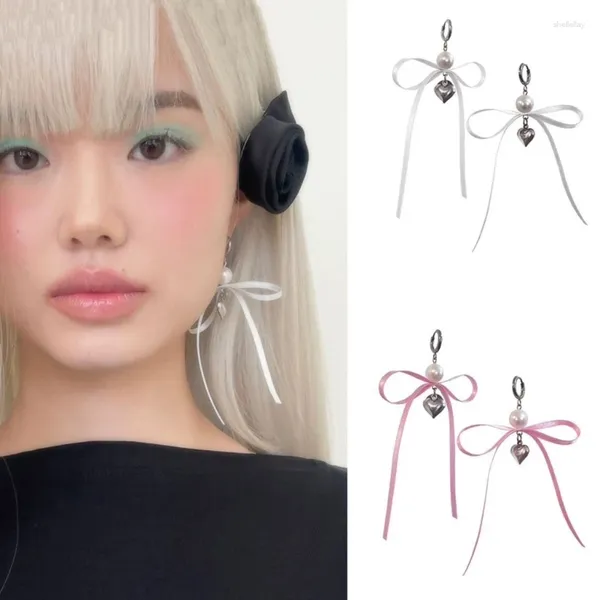 Orecchini a cerchio Versione coreana INS Stile Pink White Ribbon Bow Colore Silver Cuore Ciondo