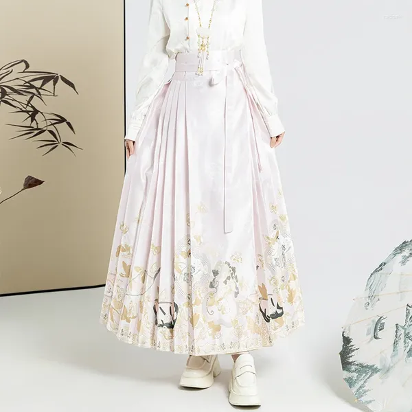 Röcke chinesische Stil Frauen Maxirock hoher Taille Vintage Elegant Print Hanfu plissierter Schnüre-up-Pferd Face Mode