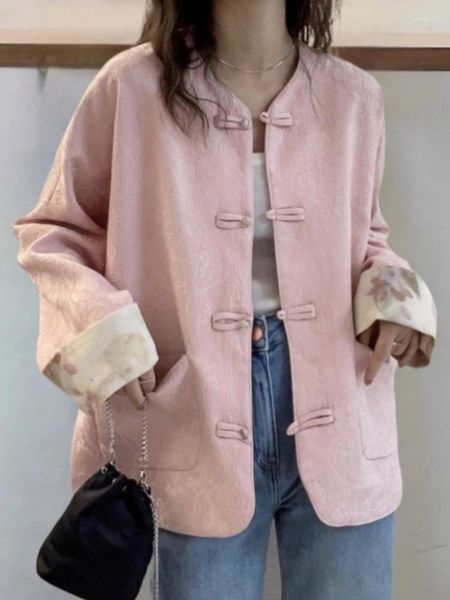 Frauenjacken 2024 Chinesischer Stil Runde Hals-Scheibenschnalle gedruckte Jacke elegante rosa All-Match-Strickjacke Tops Cobe Frauen Frühling Sommer