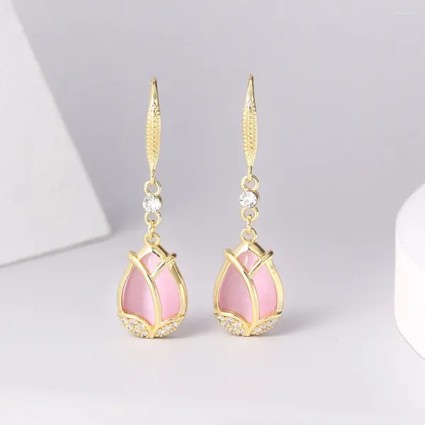 Dangle Ohrringe Retro Drop für Frauen koreanischer Stil Pink Tulpe Blume Opalohr Ring Hochzeit Weihnachtsgeschenkgroßhandel Schmuck Mädchen E047