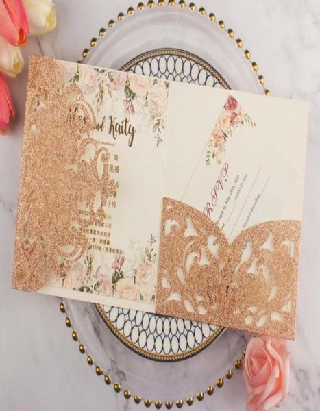 Cartões de felicitações 50x Champagne Glitter Rose Gold Wedding Invitations Envelope Personalizado RSVP Cutting Pocket Fold Convite16316759