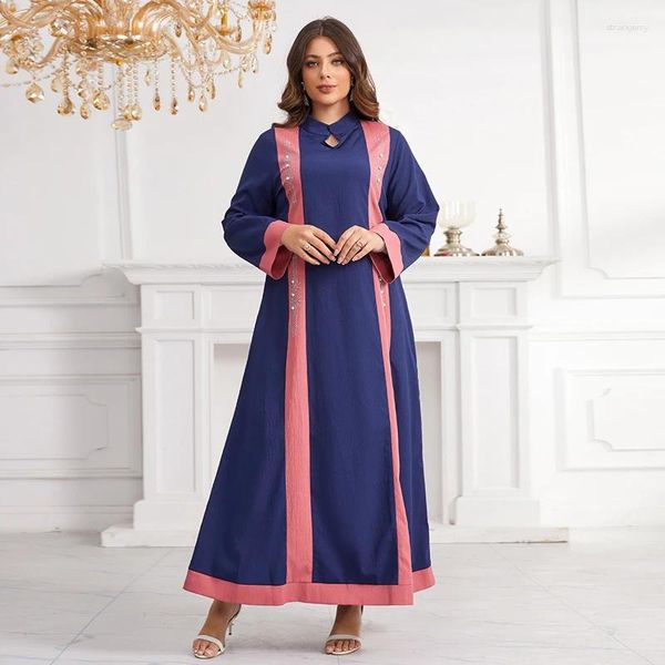 Abiti casuali Donne Patchwork Musulmana Dubai Abaya Elegante manica lunga Rhinestone Maxi Robe Kaftan Abbigliamento islamico