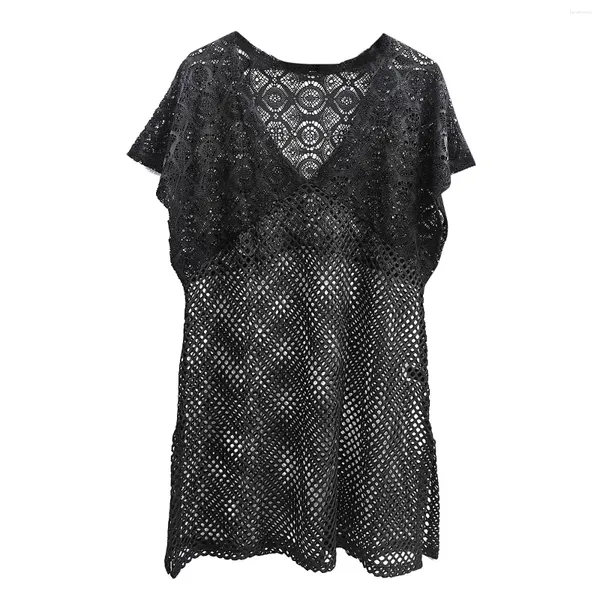 PLUS TAMANHO DOMENO MULHERES Férias de férias de praia Hollow Out Concobras Deep V Lace Splicing Mesh Dress for Beachwear 2024