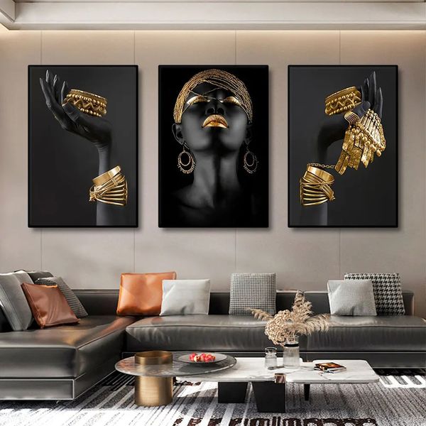 3pcs afrikanische schwarze Frauen mit goldenen Schmuck Wandkunstplakaten Perfekt Wohnzimmer Drucke Leinwand für Wohnkulturbilder 240425