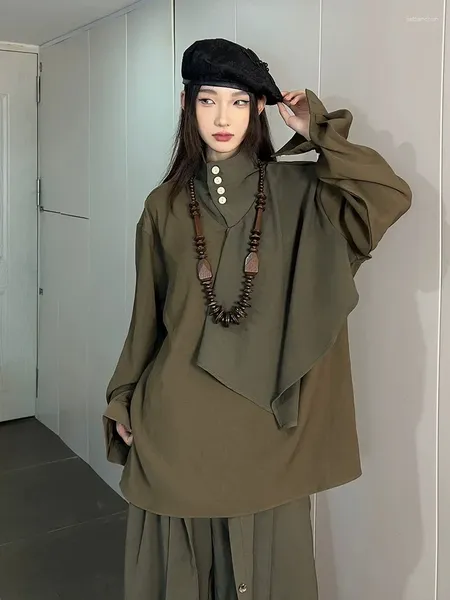 Blouses feminina japonesa estilo retrô de retalhos de patchwork de design sensor de gênero não-gênero de colarinho comprido casual casual