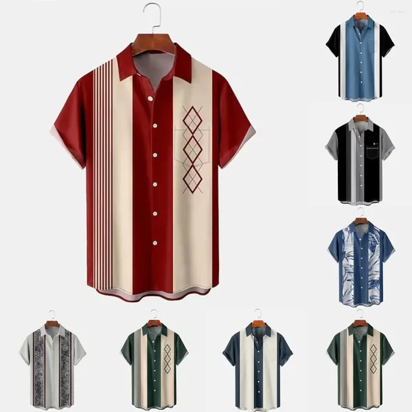 Herren lässige Hemden Sommer Kleidung Mode vierseitige elastische Hemd-Hemd Streifen Patchwork Farbe Revers Street kurzärmelige männliche Teenager Top