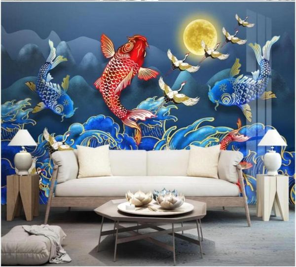 Carta da parati 3d personalizzata in stile cinese koi carpa acqua di acqua crane paesaggio decorazioni sfondo murales a parete 3d per pareti5957214965