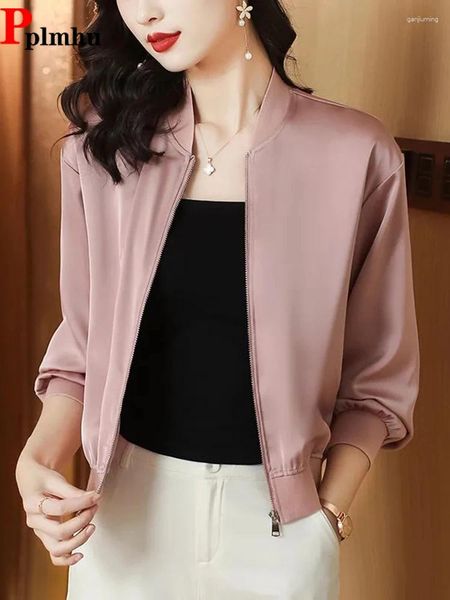 Jackets femininas elegantes acetin cetim cortado de beisebol liso chaquetas slim short primave