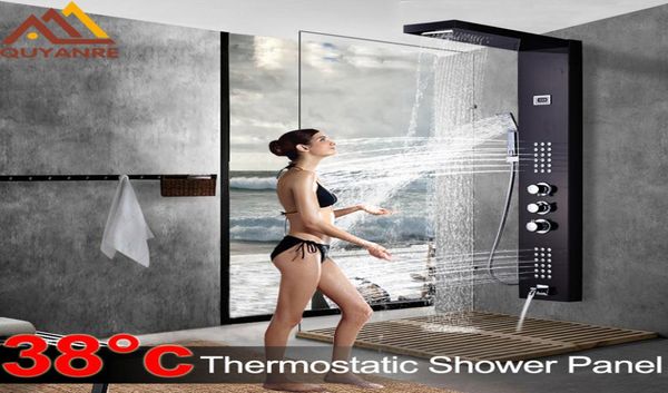 Schwarze thermostatische digitale Duschplatte Wasserhähne Regen Wasserfall Duschmassage Spa Jets Drei Griff Mixer Tap Bad Dusche 4944072