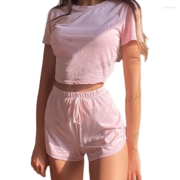 Arbeitskleider rosa kurzer Crop-Top-Ärmel T-Shirt Frauen trendy Baumwoll Freizeitanzug