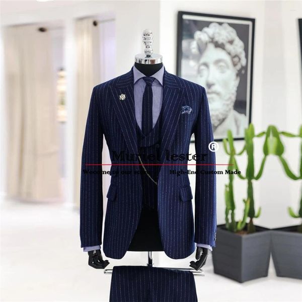 Abiti da uomo eleganti strisce blu scuro business 3 pezzi da sposo formale smoking da sposa smoking su misura per il blazer.