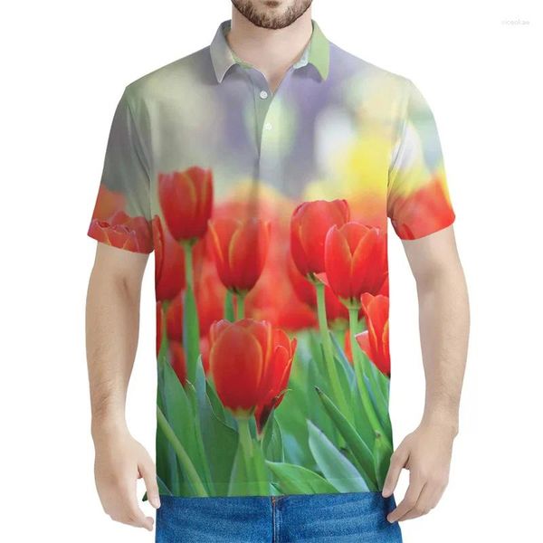 Polos da uomo Flower Tulip Pattern Polone camicie uomini Stampa 3D Flora a maniche corte Floral Sambuggino da strada da strada da donna di grandi dimensioni