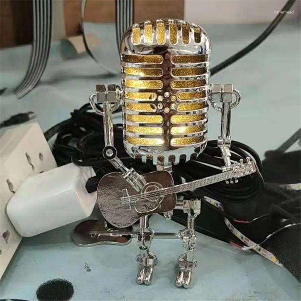 Nachtlichter kreativer Schreibtisch Lampe handgefertigt Vintage Mikrofongitarrenrobotertisch LED -Lampen Wall Home Desktop Dekoration