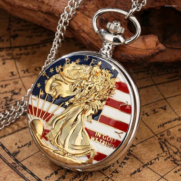 Pocket Watches USA Flag estátua de Watch em Deus, confiamos em presentes criativos dos Estados Unidos para homens mulheres recarregam de Bolsillo