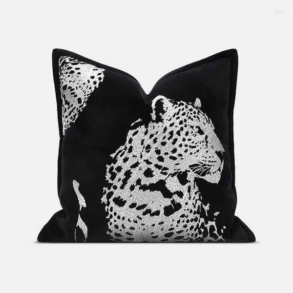 Travesseiro caseiro cojines luxuosos de veludo preto de veludo prateado tampa de bordado de leopardo 18x18in cocô de sofá -cama moderno counsin