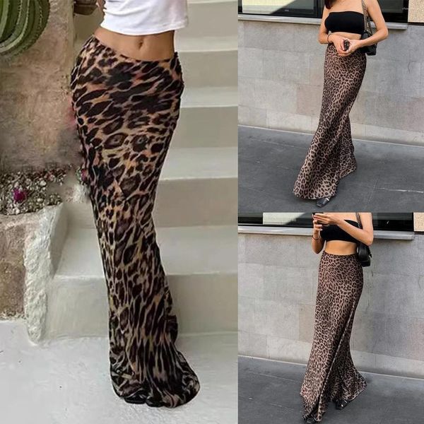 Etekler leopar baskı etek kadınlar için seksi balık kuyruğu zemin uzunluğu kalça sarılı bahar geri dönme fermuar yukarı bodycon ofis maxi