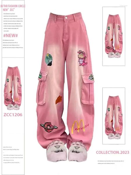 Женские джинсы American 1988 Retro Cartoon Emelcodery Pink Tooling High Street Design Loose Straight Leg Pants