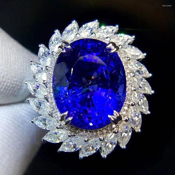 Anelli a grappolo di lusso 5s blu cristallo zaffiro topazio gemstones diamanti per donne 18k oro bianco oro abbellito gioiello feste di gioiello