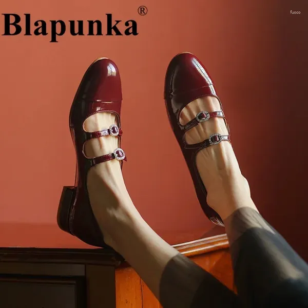 Sapatos casuais blapunka couro genuíno mulheres planas elegantes tira dupla fivela mary janes redonda dedo dedo vinho vermelho bege prata damas 40