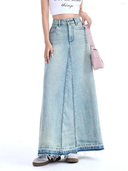 Юбки винтаж длинные джинсовые юбки женщины классическая синяя высокая талия джинсы A-Line Лето 2024