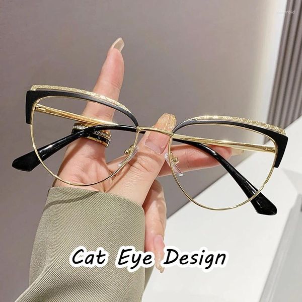 Güneş gözlüğü lüks metal düz gözlük kadınlar temiz kedi göz çerçeve gözlük anti-mavi ışık optik gözlükler bayanlar modaya uygun bilgisayar