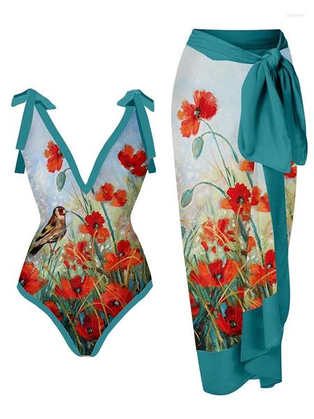 Menas de banho feminina Vintage contrastante contrastantes de biquíni impressão de flor Sexy Deep em Vote de uma peças de uma peças de peixe