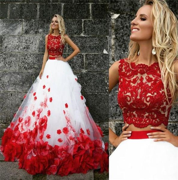 2019 Lace A Line Red e Branco Longo Prom Vestidos de Two Pedaços Flores Sleesele Tulele