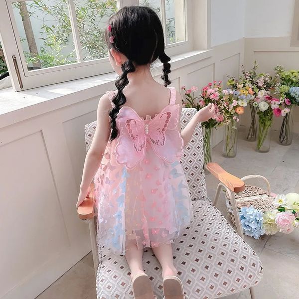 Gaze Baumwollschlingkleid Stereoskopische Big Butterfly Decoration Kinder Girs Vestido Sommer Prinzessin Hochzeits Geburtstagsfeier 240413