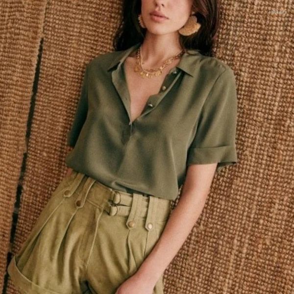 Camicette femminili 2024 Summer Army Green Silk Collar Medifera a maniche a maniche corte a manichetta corta