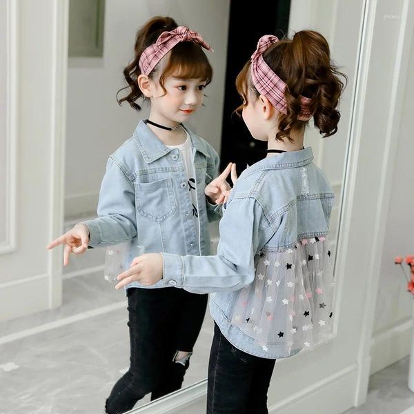 Jackets de gaze infantil estrelas buracos jeans jacket grils moda tulle Spliced Princess Coat Kids Casual Outerwear ClothesB344