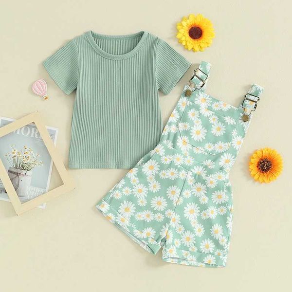 Комплекты одежды для малышей детской одежды девочка с твердым цветом Рибрет футболка с коротким рукавом с диази припечатка общая шорты.