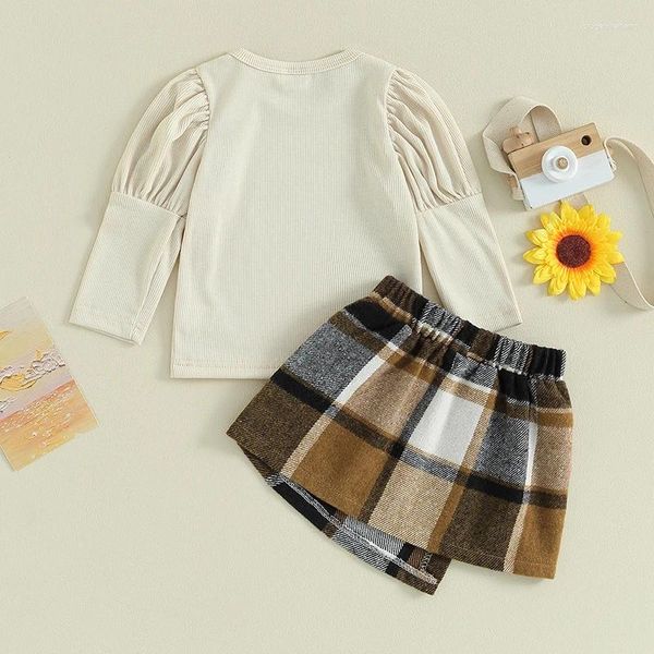 Conjuntos de roupas para criança menina de outono 2pcs roupa t de cor sólida com nervuras com puxão longa com impressão xadrez
