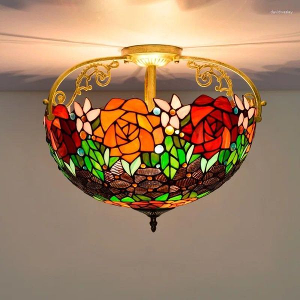 Luzes de teto Sala de estar luxuosa Lâmpada de 16 polegadas Tiffany Black Rose Handmade de vitral de vitrais