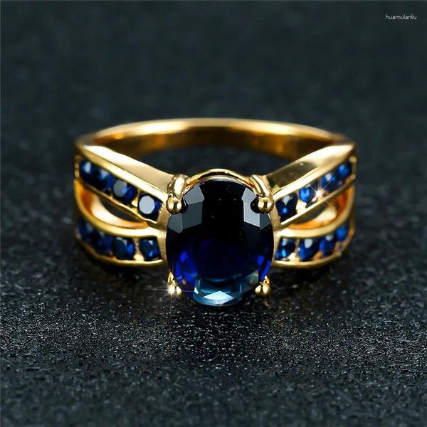 Anéis de casamento fêmeas de luxo anel de noivado de pedra azul de cristal charme de jóias de zircão de ouro amarelo para mulheres