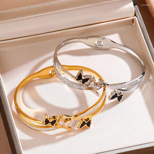 Braccialetti a farfalla a doppio strato per donna per donna di lusso intarsiata in acciaio inossidabile braccialetti oro bestiame gioielli per la mamma regali