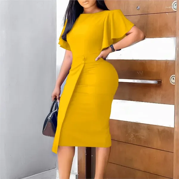 Abbigliamento etnico Abiti africani per donne 2024 Arrivo Summer Bell Sleeve Round Neck Flit Color Abito a matita Elegante Office Party Office Lady