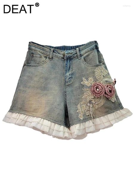 Jeans femininos shorts de jeans de jeans elástica de cintura alta a linha larga de perna larga renda de renda 3d calças curtas 2024 Moda de verão 29L7440