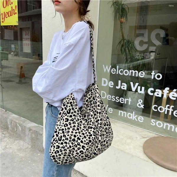 Omuz çantaları çiçek çiçek tuval çantası basit leopar baskı şerit bez büyük kapasiteli crossbody kızlar