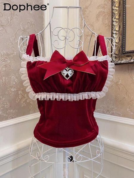 Frauen Tanks japanischer Stil Lolita Frilly Tanp Top Frauen Kleidung French Bowknot Liebe Perle Anhänger Schlanker Fit Velvet Short Camisole