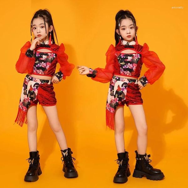 Bühnenbekleidung chinesischer Stil Red Outfits Jazz Moderne Tanzperformance Kostüme für Mädchen Kinder Hip Hop Streetwear DQS16207