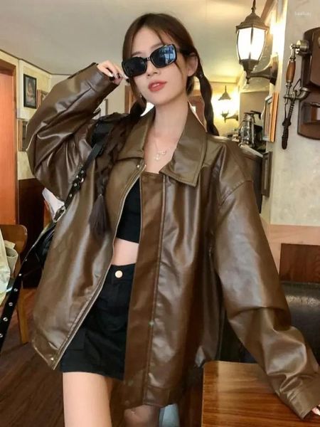 Jaquetas femininas Vintage Maillard Brown Leather Jacket for Women Fall e Winter Pu Bomber Streetwear