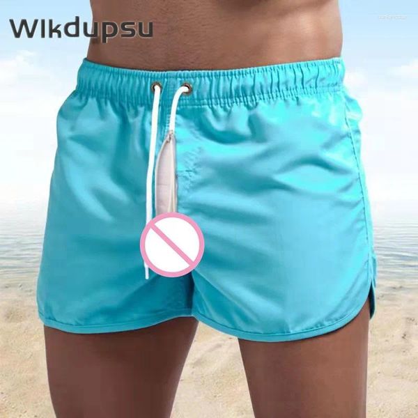 Shorts masculinos roupas de banho sexy invisíveis zíperes duplos abertos calças sem gripes de praia praia praia usa roupas de verão masculinas