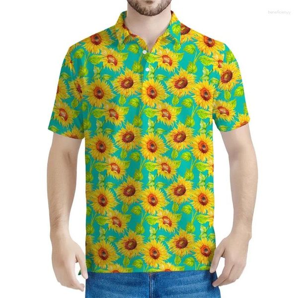 Herren Polos 3D bedruckte gelbe Sonnenblume Polo-Hemd Männer Pflanzen Blumen Grafik kurze Ärmel Streetwear Revers T-Shirt Sommerknopf T-Shirts